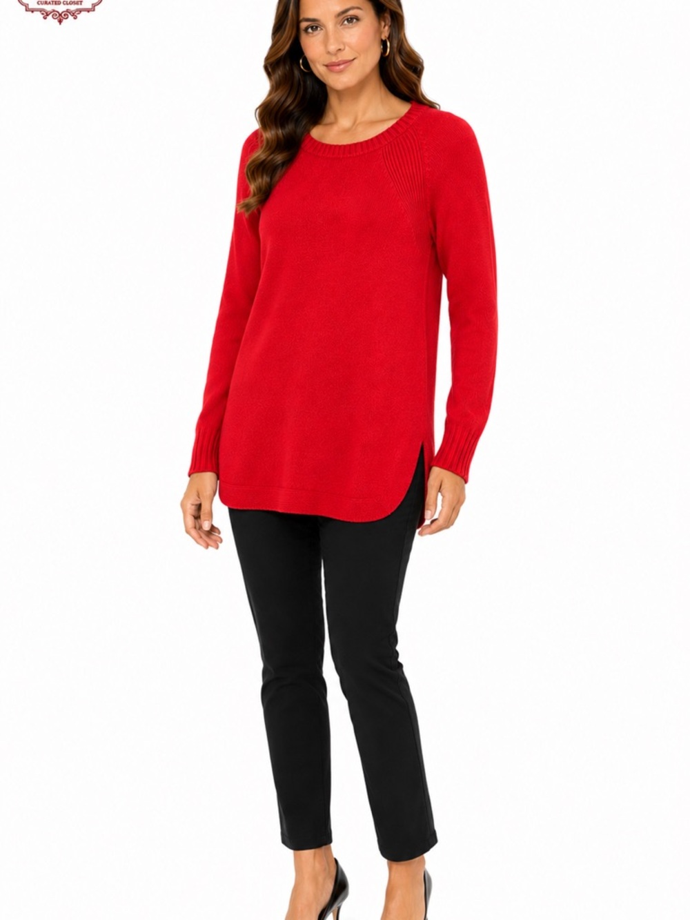 S19 Anthropologie Red Tunic Sweater Size Medium Side Slits Soft Stretch Knit